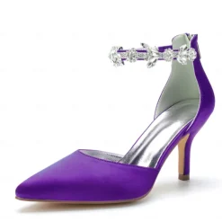 Women's Silver Satin Pointed-Toe Wedding Heels – Rhinestone Embellished Ankle Strap and Elegant Mid Heel