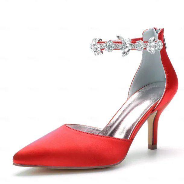Women's Silver Satin Pointed-Toe Wedding Heels – Rhinestone Embellished Ankle Strap and Elegant Mid Heel
