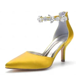Women's Silver Satin Pointed-Toe Wedding Heels – Rhinestone Embellished Ankle Strap and Elegant Mid Heel