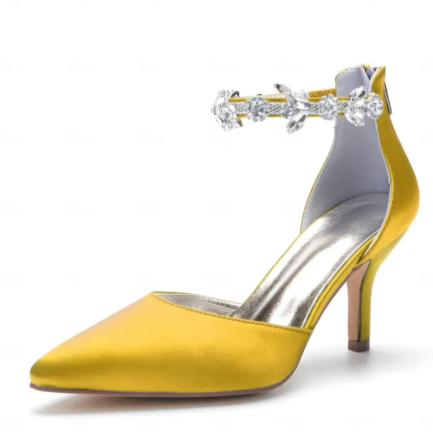 Women's Silver Satin Pointed-Toe Wedding Heels – Rhinestone Embellished Ankle Strap and Elegant Mid Heel
