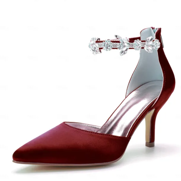 Women's Silver Satin Pointed-Toe Wedding Heels – Rhinestone Embellished Ankle Strap and Elegant Mid Heel
