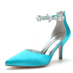 Women's Silver Satin Pointed-Toe Wedding Heels – Rhinestone Embellished Ankle Strap and Elegant Mid Heel