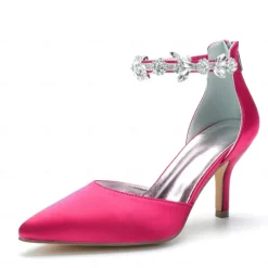 Women's Silver Satin Pointed-Toe Wedding Heels – Rhinestone Embellished Ankle Strap and Elegant Mid Heel