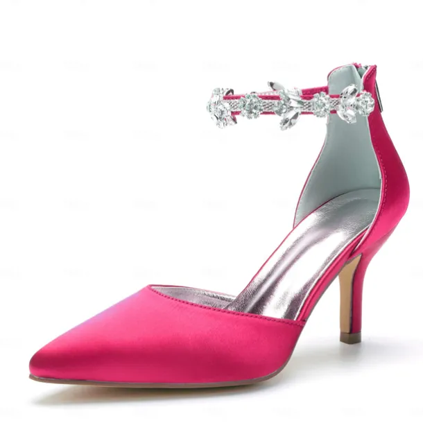 Women's Silver Satin Pointed-Toe Wedding Heels – Rhinestone Embellished Ankle Strap and Elegant Mid Heel