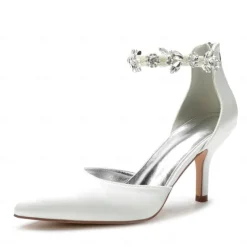 Women's Silver Satin Pointed-Toe Wedding Heels – Rhinestone Embellished Ankle Strap and Elegant Mid Heel
