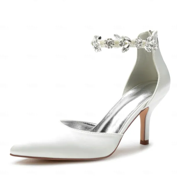 Women's Silver Satin Pointed-Toe Wedding Heels – Rhinestone Embellished Ankle Strap and Elegant Mid Heel