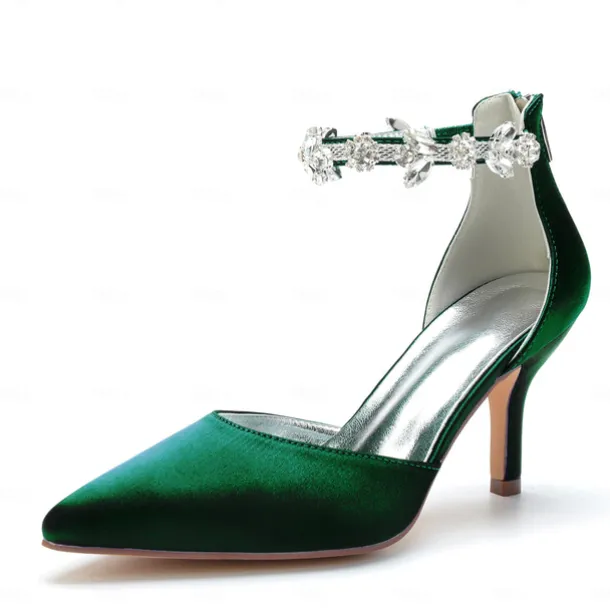 Women's Silver Satin Pointed-Toe Wedding Heels – Rhinestone Embellished Ankle Strap and Elegant Mid Heel