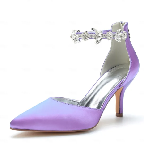 Women's Silver Satin Pointed-Toe Wedding Heels – Rhinestone Embellished Ankle Strap and Elegant Mid Heel