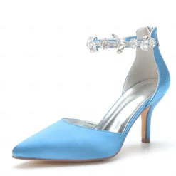 Women's Silver Satin Pointed-Toe Wedding Heels – Rhinestone Embellished Ankle Strap and Elegant Mid Heel
