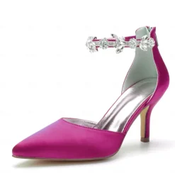 Women's Silver Satin Pointed-Toe Wedding Heels – Rhinestone Embellished Ankle Strap and Elegant Mid Heel
