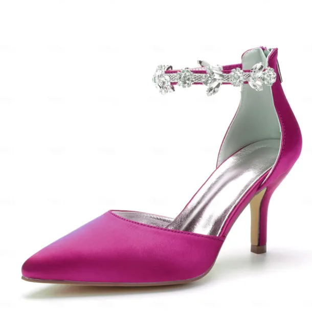 Women's Silver Satin Pointed-Toe Wedding Heels – Rhinestone Embellished Ankle Strap and Elegant Mid Heel