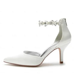 Women's Silver Satin Pointed-Toe Wedding Heels – Rhinestone Embellished Ankle Strap and Elegant Mid Heel
