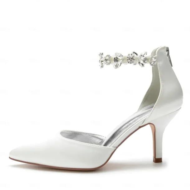 Women's Silver Satin Pointed-Toe Wedding Heels – Rhinestone Embellished Ankle Strap and Elegant Mid Heel