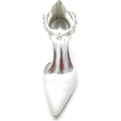 Women's Silver Satin Pointed-Toe Wedding Heels – Rhinestone Embellished Ankle Strap and Elegant Mid Heel