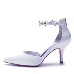 Women's Silver Satin Pointed-Toe Wedding Heels – Rhinestone Embellished Ankle Strap and Elegant Mid Heel