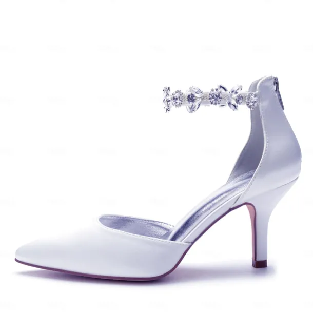 Women's Silver Satin Pointed-Toe Wedding Heels – Rhinestone Embellished Ankle Strap and Elegant Mid Heel