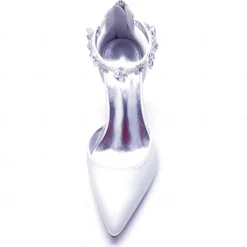 Women's Silver Satin Pointed-Toe Wedding Heels – Rhinestone Embellished Ankle Strap and Elegant Mid Heel