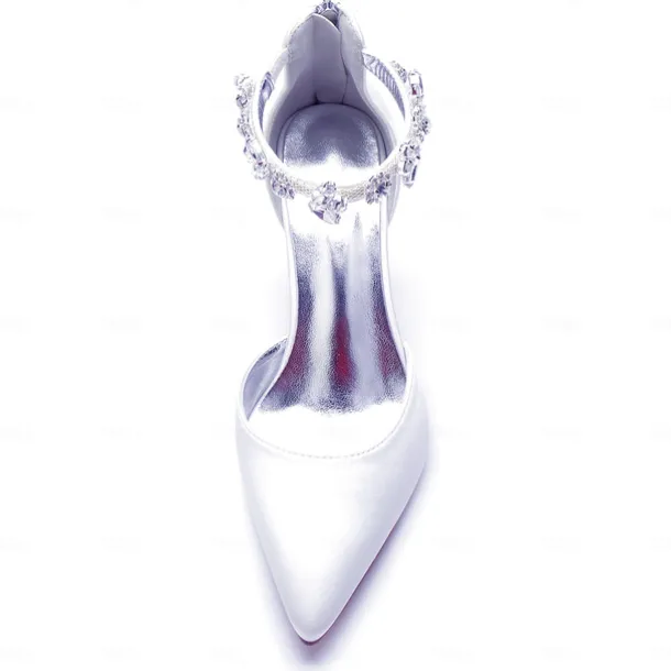 Women's Silver Satin Pointed-Toe Wedding Heels – Rhinestone Embellished Ankle Strap and Elegant Mid Heel