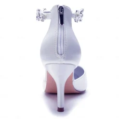 Women's Silver Satin Pointed-Toe Wedding Heels – Rhinestone Embellished Ankle Strap and Elegant Mid Heel