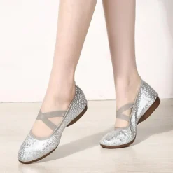 Women's Silver Sequin Dance Shoes with Elastic Cross Straps – Lightweight Flats for Ballet, Jazz, and Modern Dance Performances