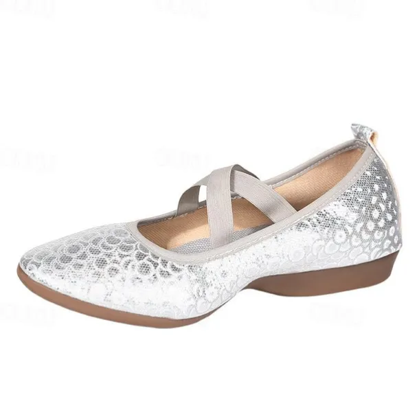 Women's Silver Sequin Dance Shoes with Elastic Cross Straps – Lightweight Flats for Ballet, Jazz, and Modern Dance Performances