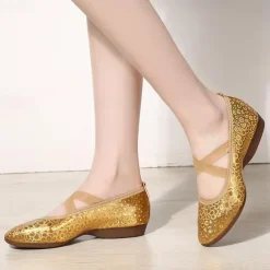 Women's Silver Sequin Dance Shoes with Elastic Cross Straps – Lightweight Flats for Ballet, Jazz, and Modern Dance Performances