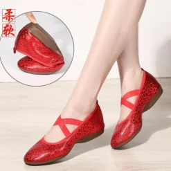 Women's Silver Sequin Dance Shoes with Elastic Cross Straps – Lightweight Flats for Ballet, Jazz, and Modern Dance Performances