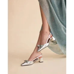 Women's Silver Slingback Block Heel Shoes - Elegant Bow Decor Dress Shoes for Evening and Party
