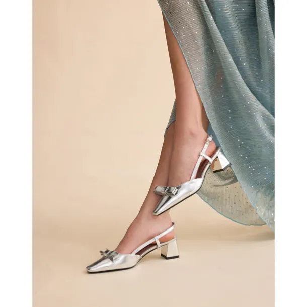 Women's Silver Slingback Block Heel Shoes - Elegant Bow Decor Dress Shoes for Evening and Party