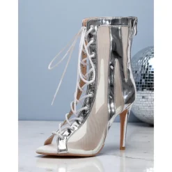 Women's Silver White Lace-Up High Heel Dance Boots - Peep Toe Mesh Professional Latin Jazz Ballroom Performance Shoes for Stage and Party