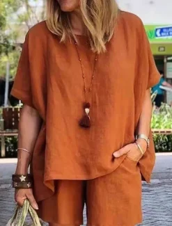 Women's Simple Basic Cotton Linen Sets Two Piece Sets T Shirt Half Sleeve Short Pant Crew Neck Pure Color Pocket Street Daily Black Blue Purple Summer