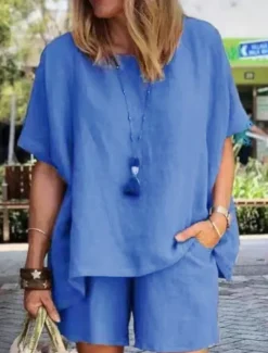 Women's Simple Basic Cotton Linen Sets Two Piece Sets T Shirt Half Sleeve Short Pant Crew Neck Pure Color Pocket Street Daily Black Blue Purple Summer