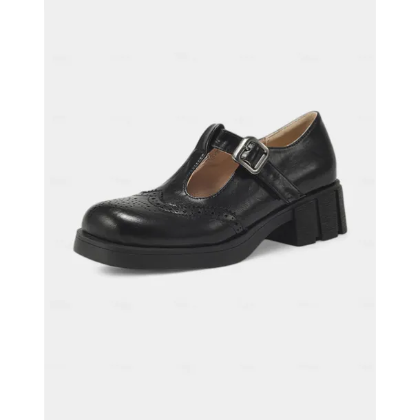 Women's 1950s-Inspired Black T-Strap Mary Jane Shoes - Vintage Brogue Leather Heels with Buckle and Chunky Sole for Daily Wear,Cosplay & Gothic Outfits