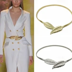 Women's Skinny Belt Nylon Metal Bucke Leaf Decor Classic Wedding Party Silver Golden 2# leaves Silver 2# leaves Gold