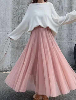 Women's Skirt & Dress Swing Tutu Long Skirt Maxi Skirts Pleated Layered Tulle Solid Colored Street Prom Summer Elegant Vintage Black Pink Khaki Beige