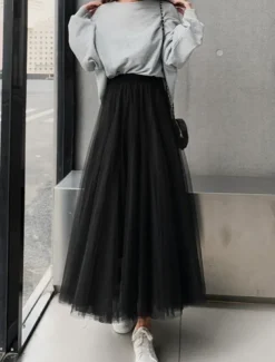 Women's Skirt & Dress Swing Tutu Long Skirt Maxi Skirts Pleated Layered Tulle Solid Colored Street Prom Summer Elegant Vintage Black Pink Khaki Beige