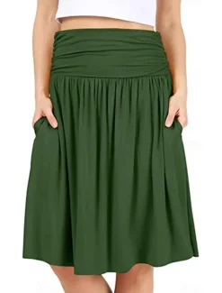 Women's Skirt A Line Basic Casual Knee-length High Waist Skirts Solid Colored Pocket Casual Daily Weekend Camel Wine Black Army Green Summer Cotton