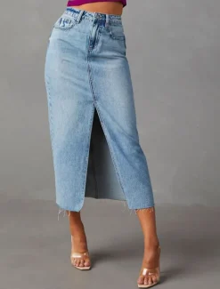 Women's Skirt A Line Denim Midi Skirt Fashion Casual Midi High Waist Skirts Solid Colored Pocket Split Ends Street Daily Blue Light Blue Summer Denim