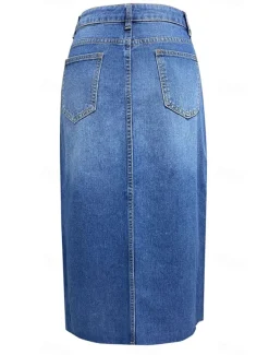 Women's Skirt A Line Denim Midi Skirt Fashion Casual Midi High Waist Skirts Solid Colored Pocket Split Ends Street Daily Blue Light Blue Summer Denim