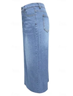 Women's Skirt A Line Denim Midi Skirt Fashion Casual Midi High Waist Skirts Solid Colored Pocket Split Ends Street Daily Blue Light Blue Summer Denim
