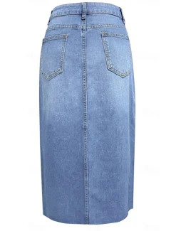 Women's Skirt A Line Denim Midi Skirt Fashion Casual Midi High Waist Skirts Solid Colored Pocket Split Ends Street Daily Blue Light Blue Summer Denim