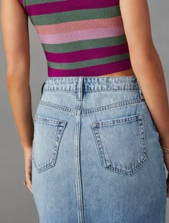 Women's Skirt A Line Denim Midi Skirt Fashion Casual Midi High Waist Skirts Solid Colored Pocket Split Ends Street Daily Blue Light Blue Summer Denim