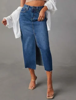 Women's Skirt A Line Denim Midi Skirt Fashion Casual Midi High Waist Skirts Solid Colored Pocket Split Ends Street Daily Blue Light Blue Summer Denim