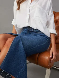 Women's Skirt A Line Denim Midi Skirt Fashion Casual Midi High Waist Skirts Solid Colored Pocket Split Ends Street Daily Blue Light Blue Summer Denim