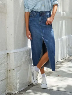 Women's Skirt A Line Denim Midi Skirt Fashion Casual Midi High Waist Skirts Solid Colored Pocket Split Ends Street Daily Blue Light Blue Summer Denim
