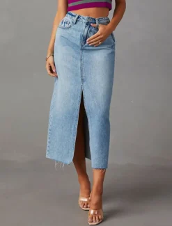 Women's Skirt A Line Denim Midi Skirt Fashion Casual Midi High Waist Skirts Solid Colored Pocket Split Ends Street Daily Blue Light Blue Summer Denim