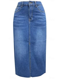 Women's Skirt A Line Denim Midi Skirt Fashion Casual Midi High Waist Skirts Solid Colored Pocket Split Ends Street Daily Blue Light Blue Summer Denim