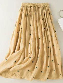 Women's Skirt A Line Fashion Casual Maxi High Waist Skirts Polka Dot Print Casual Daily Weekend Yellow Navy Blue Brown Green Summer Cotton And Linen
