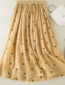 Women's Skirt A Line Fashion Casual Maxi High Waist Skirts Polka Dot Print Casual Daily Weekend Yellow Navy Blue Brown Green Summer Cotton And Linen