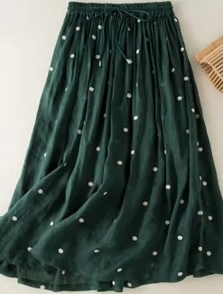Women's Skirt A Line Fashion Casual Maxi High Waist Skirts Polka Dot Print Casual Daily Weekend Yellow Navy Blue Brown Green Summer Cotton And Linen